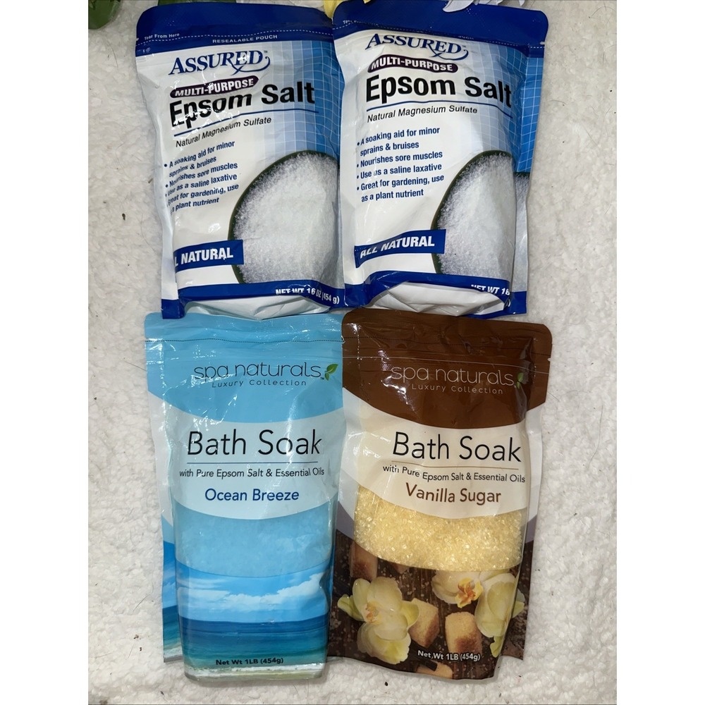 Assured Epsom Salt and Spa Naturals Bath Soak Bundle 4 Bags 1lb Each Multi Scent